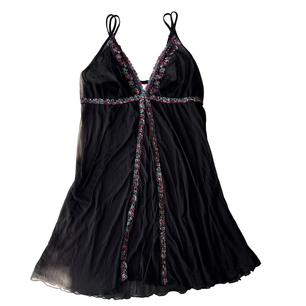 Cacique Mesh Embroidered Babydoll Chemise 22/24 Black Pink Lingerie Y2K Romantic